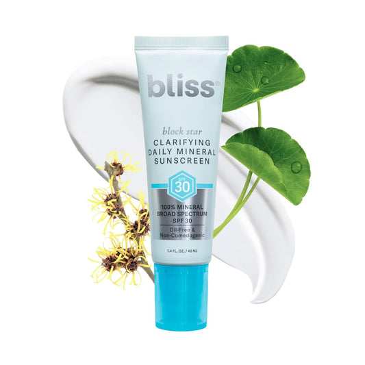 Bliss Block Star Clarifying Daily Mineral Sunscreen Broad Spectrum SPF 30, Blendable Pore Safe Formula for Blemish Prone Skin with Salicylic Acid and Witch Hazel, 1.4 Fl Oz