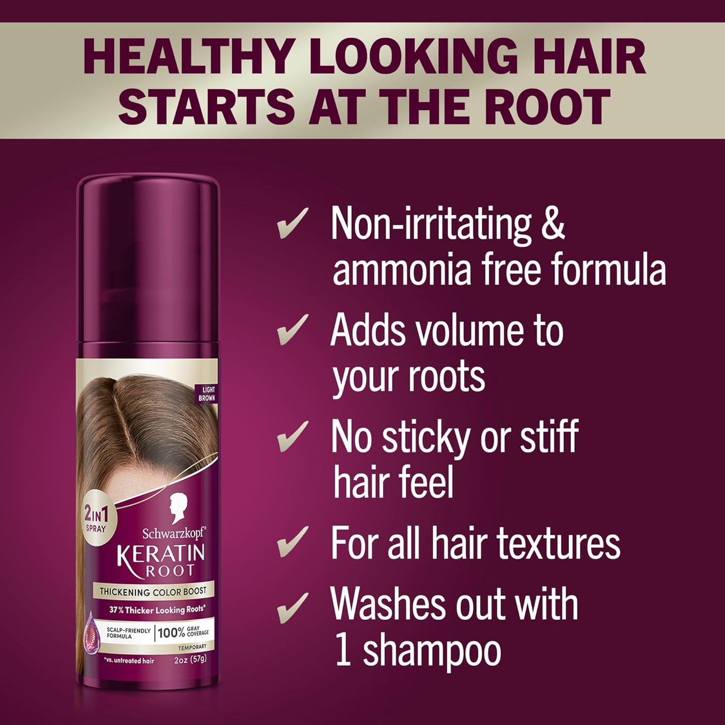 Schwarzkopf Keratin Color Root Temporary Hair Color Spray, Light Brown - Salon Inspired Temporary Hair Dye, for up 100% Gray Coverage and Thicker Looking Roots, Ammonia free