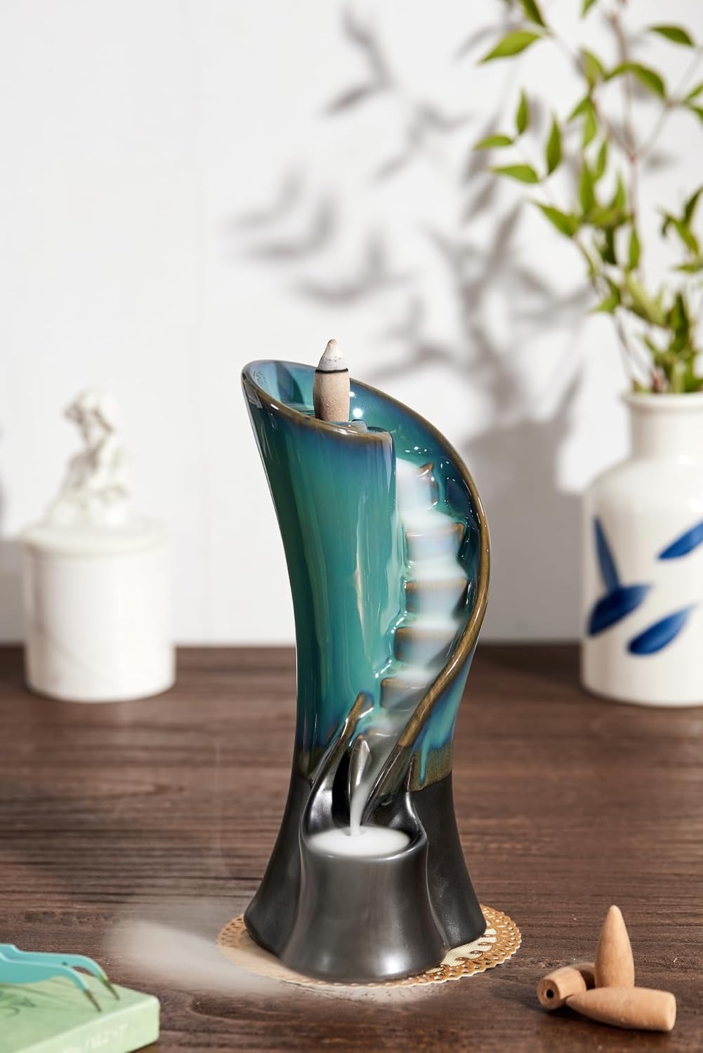 Unique Cloud Stairs Ceramic Waterfall Incense Holder, Paired with a Pack of Backflow Incense Cones. (Blue)