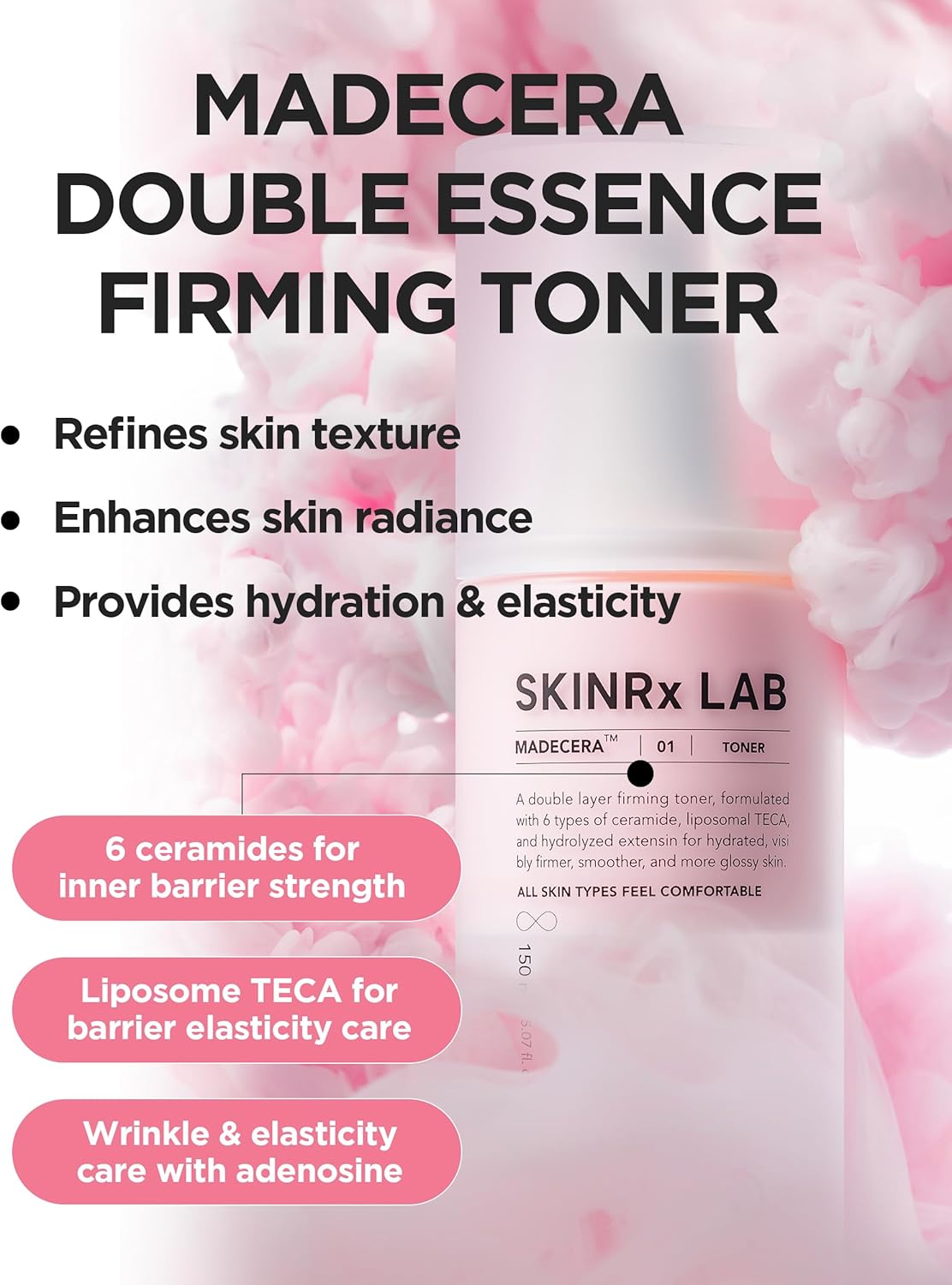 SKINRxLAB MadeCera Cream Double Essence Firming Korean Toner – Dual Layer Hydration Toner with Milk Protein, Ceramide and Panthenol - Makeup Boosting for Smooth Skin, 5.07 fl.oz.