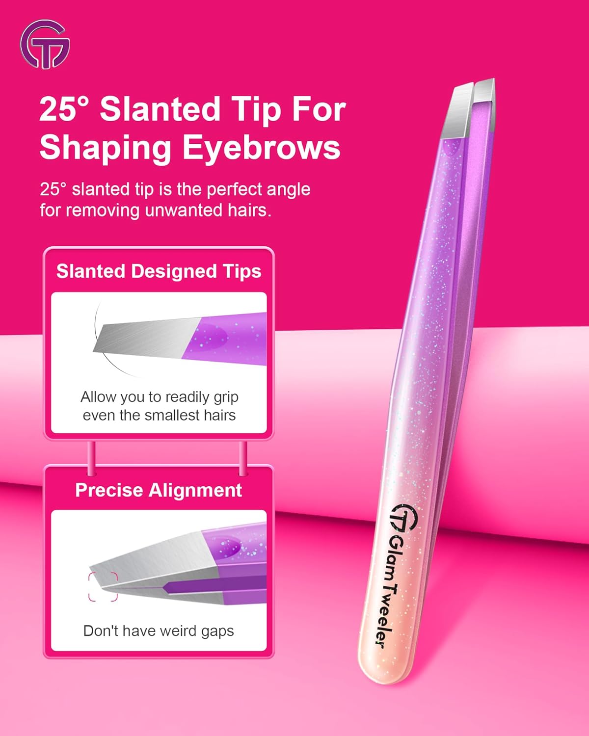 Expert Slant and Point Tip Tweezer Set with Exclusive Storage & Carrying Case, GlamTweeler Sharp & Precision Tweezer Set for Eyebrows, Facial Hairs and Fine Hairs Removal (Sparkle Violet + Silver)