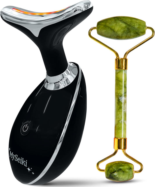 7 LED Light Beauty Tool – Face and Neck Massager with Jade Roller, Case, Black