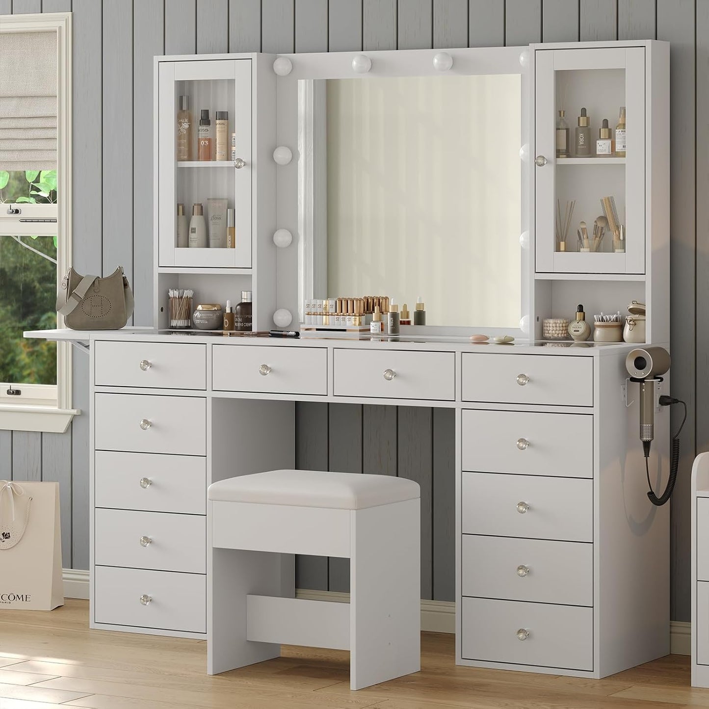 Vanity with Mirror and 10 LED Lights,Vanity Desk with Power Outlet, Makeup Vanity with 12 Drawers and 2 Cabinets, Fold-up Panel, Glass Top Vanity Table with Chair for Bedroom, White