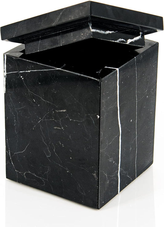 WORHE Marble Canister Natural Stone Qtip Holder with Lid Square Bathroom Vanity Organizer for Makeup Sponge Coffee Bean Dispenser Storage Jar Case for Home Decor Black (DLB202)