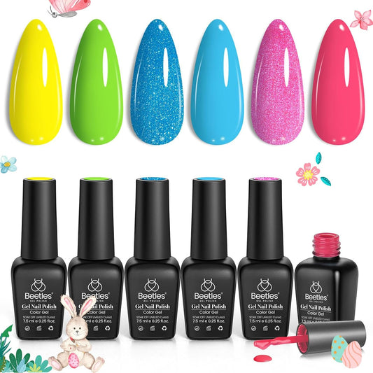 Beetles Neon Gel Polish Set, 6 Colors Glitter Blue Hot Pink Gel Nail Polish Green Nail Polish Shimmer Nail Design Nail Art Soak Off U v Nail Lamp Cured Manicure Kit Diy at Home Gifts for Women