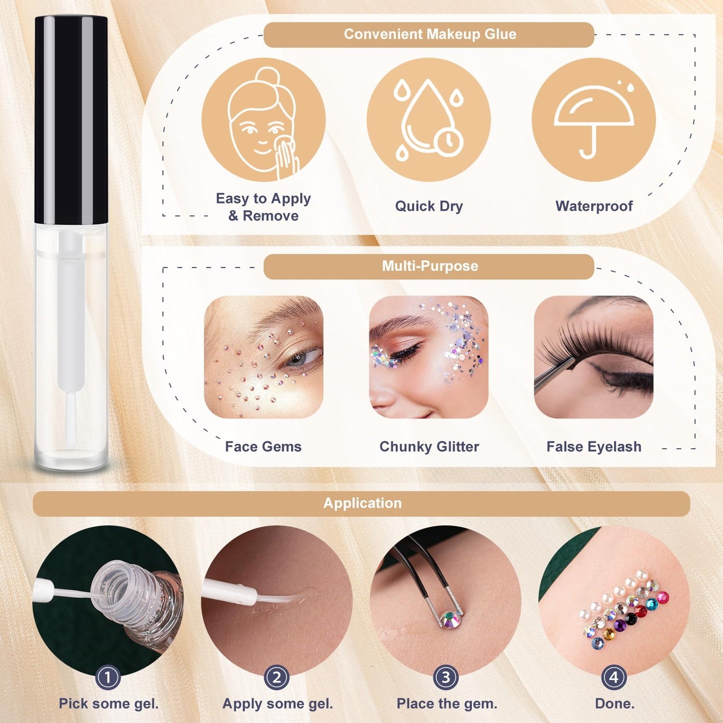 Colorful Face Gems for Makeup Set, Flatback Gorgeous Charming Clear Glass Gems with Picker Pencil, Makeup Glue, Tweezer for Eye Body Hair Make-up and Nail Art Deco