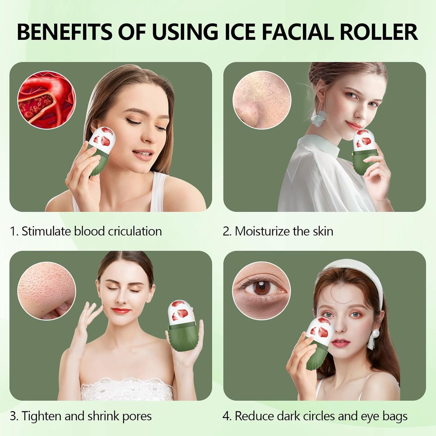 Ice Roller for Face and Eye, Silicone Ice Facial Roller Ice Holder, Face Ice Mold Skin Care, Face Icers Reusable Ice Cube Roller for Shrink Pores Anti Wrinkle Reduce Puffiness, Green
