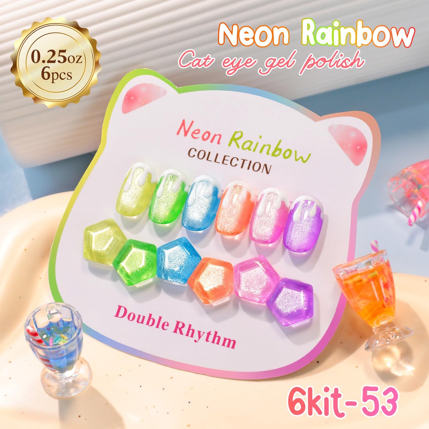 Double Rhythm 6 Colors Cat Eye Gel Polish Set Shimmer Glitter with Magnet Holographic Reflective Magnetic UV Nail Art Kit (6-Kit-53)