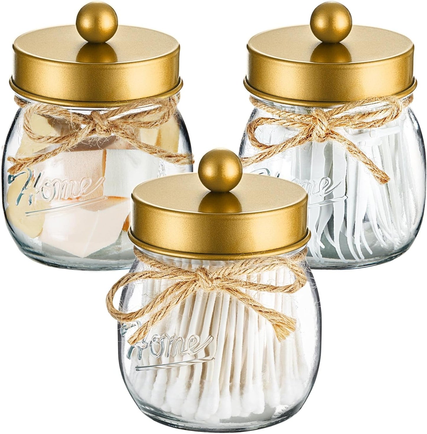 SheeChung 3Pack Warm Golden Undertones Bathroom Decor, Cotton Swab Holders, Bathroom Container Set, Restroom Decor for Cotton Round Pads, Balls, Floss Pick - Brushed Gold