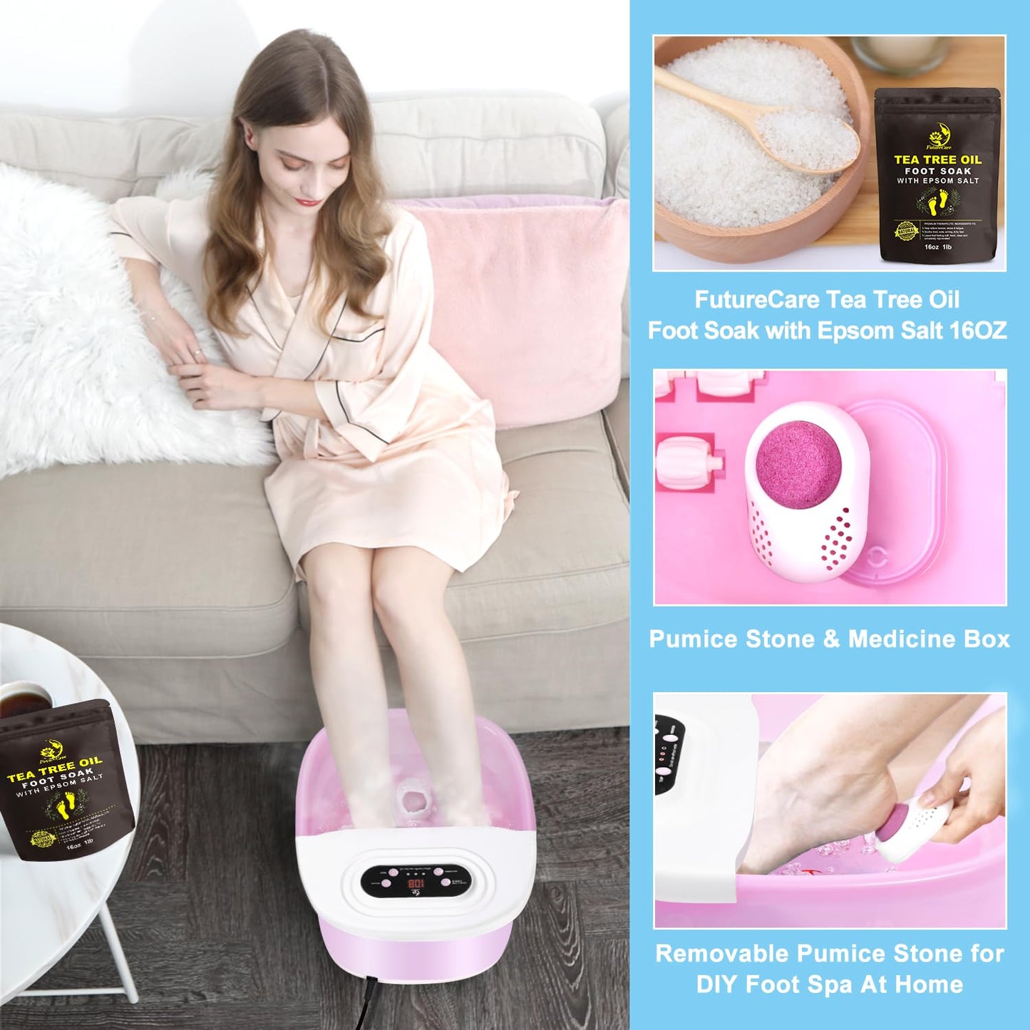 Foot Spa Bath Massager with Heat Bubbles and Vibration Massage and Jets, 16 OZ Tea Tree Oil Foot Soak Epsom Salt, Foot Soaker with Red Light, 22 Massage Rollers, Adjustable Temp - Pink