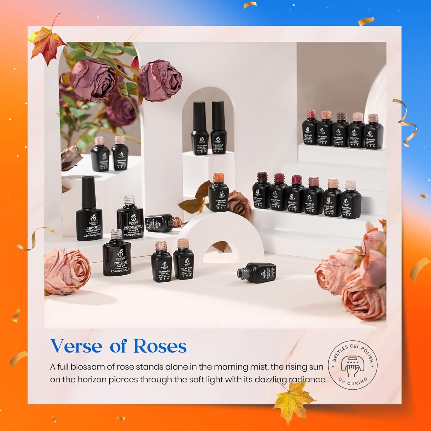 Beetles Gel Nail Polish Kit, 23Pcs Fall Nude Pink Brown Burgundy Red Gel Polish Set with Base Top Coat Verse of Roses Kit, Soak off Uv Gel Golden Glitter Holiday Nail for Women