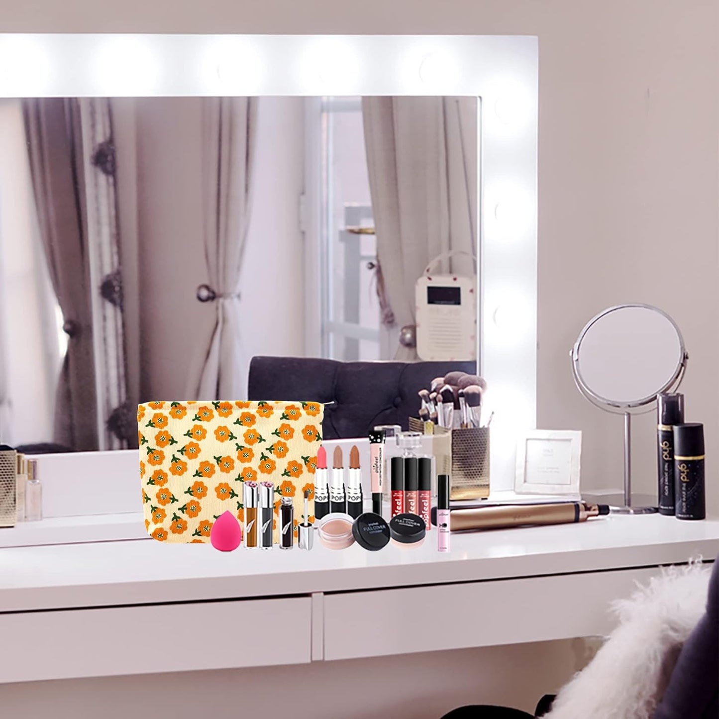 PAZIMIIK Makeup Bag Large Zipper Corduroy Make Up Pouch for Purse Travel Canvas Cosmetic Organizer for Women Brush Storage,Flower Yellow