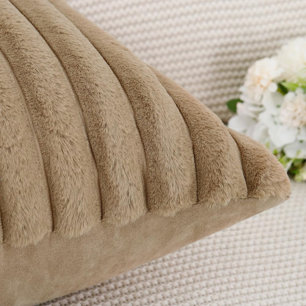 MADIZZ Set of 2 Faux Wool Plush Decorative Throw Pillow Covers 22x22 Inch Brown Fluffy Striped Soft Decorative Cushion Cover for Sofa Bedroom Pillow Shell