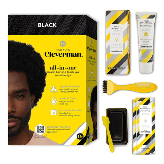 Cleverman Hair & Beard Dye Kit for Men, All-in-One Reusable Mens Hair Color, Natural Gray Coverage, Ammonia-Free Beard Mustache Dye for Men (Black for Black Men)