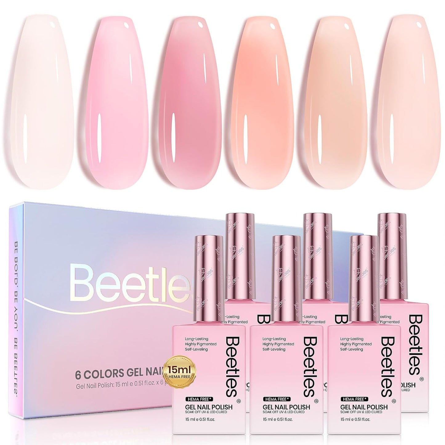 Beetles Nude Pink Gel Nail Polish Set, 6 Colors Hema Free Light Pink Jelly Gel Polish Translucent 15ML Full Size Nail Concealer High Gloss Soak Off UV Salon Spring Colorful Bottle Gel Gift for Women