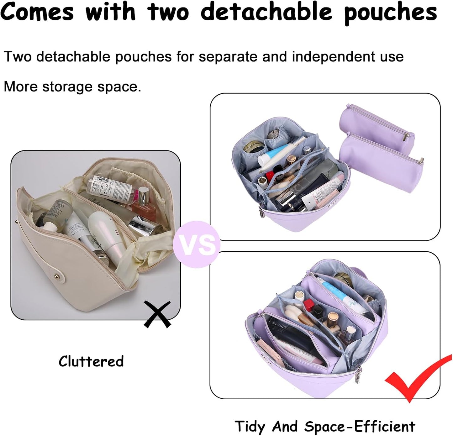 BOYATU Travel Makeup Bags for Women: Vegan Leather Cosmetic Bag Set of 3 - Large Capacity Make up Bag with Divider - Wide Open Waterproof Toiletry Organizer Bag with Handle (05-Purple)