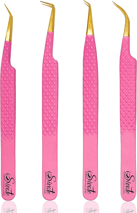 SIVOTE Fiber Tip eyelash tweezers for lash extensions with Diamond Grip, Pink, Set of 4 - Precise Tips Japanese Steel for Classic, Volume & Mega Volume Lashes, Anti-Rust - Ideal for Lash Artists