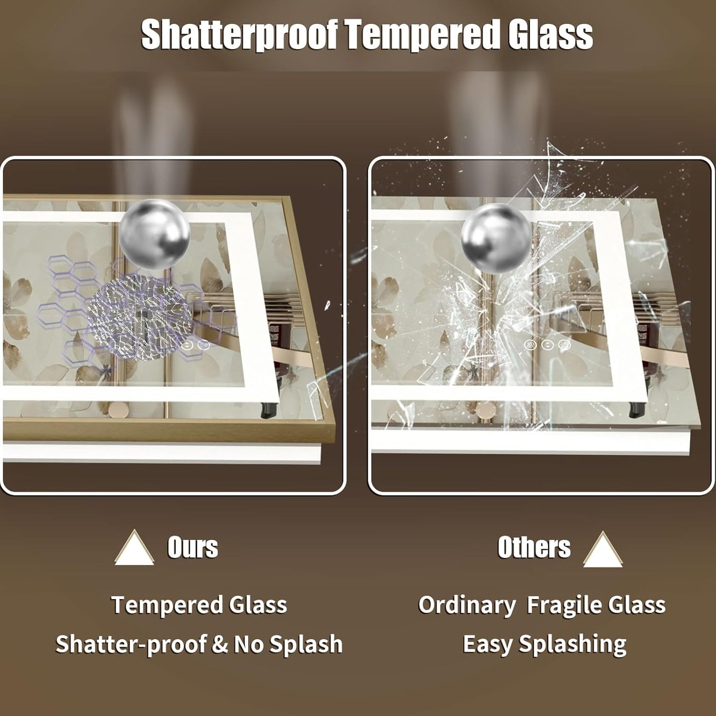 OKPAL 50x30 Gold LED Bathroom Mirror with Lights, Frontlit & Backlit Lighted Bathroom Mirror, LED Vanity Framed Mirror, Anti-Fog, Dimmable, 3 Colors, Shatterproof, ETL Listed