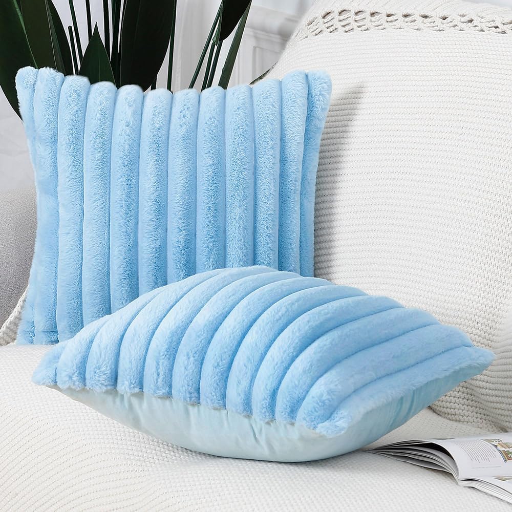 MADIZZ Set of 2 Faux Wool Plush Decorative Throw Pillow Covers 22x22 Inch Light Blue Fluffy Striped Soft Decorative Cushion Cover for Sofa Bedroom Pillow Shell