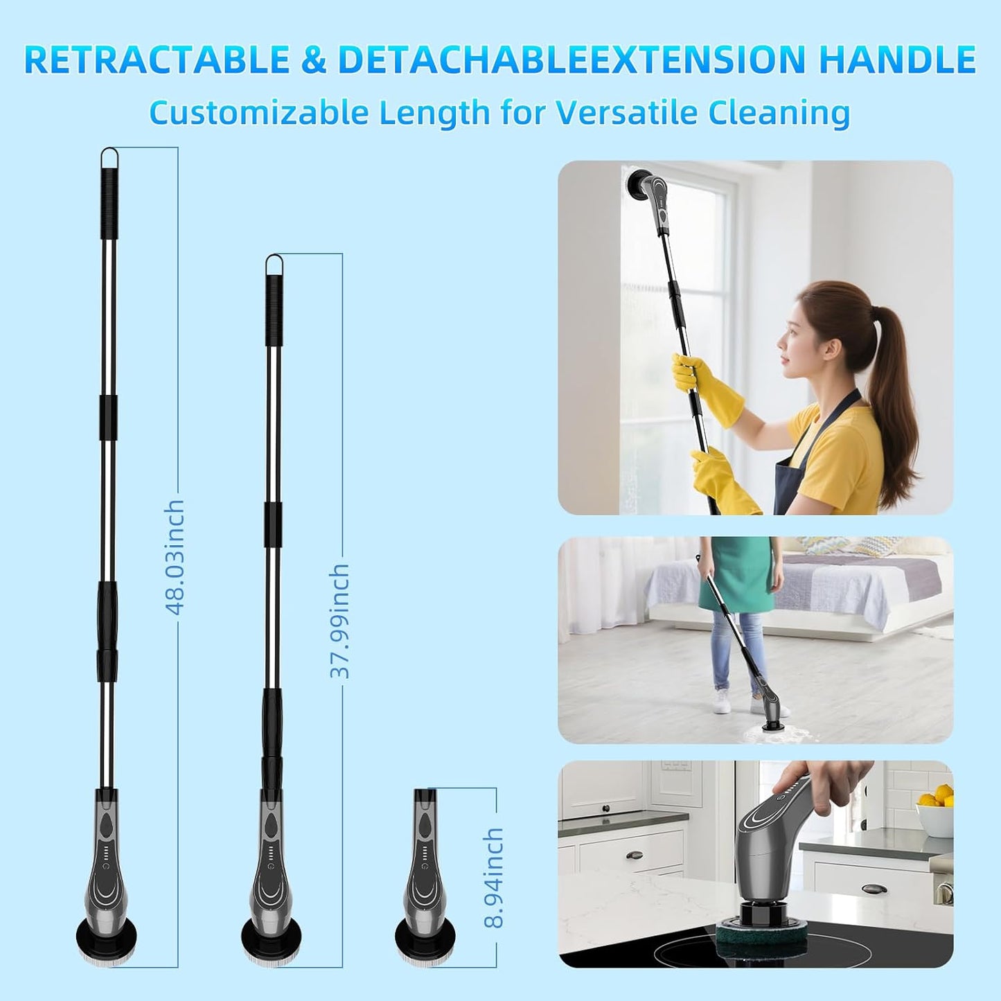 Gray Electric Spin Scrubber, Cordless Spin Scrubber with 8 Replaceable Brush Heads, Electric Scrub Brush with Adjustable Extension Handle, Electric Cleaning Brush for Bathroom, Tile and Bathtub