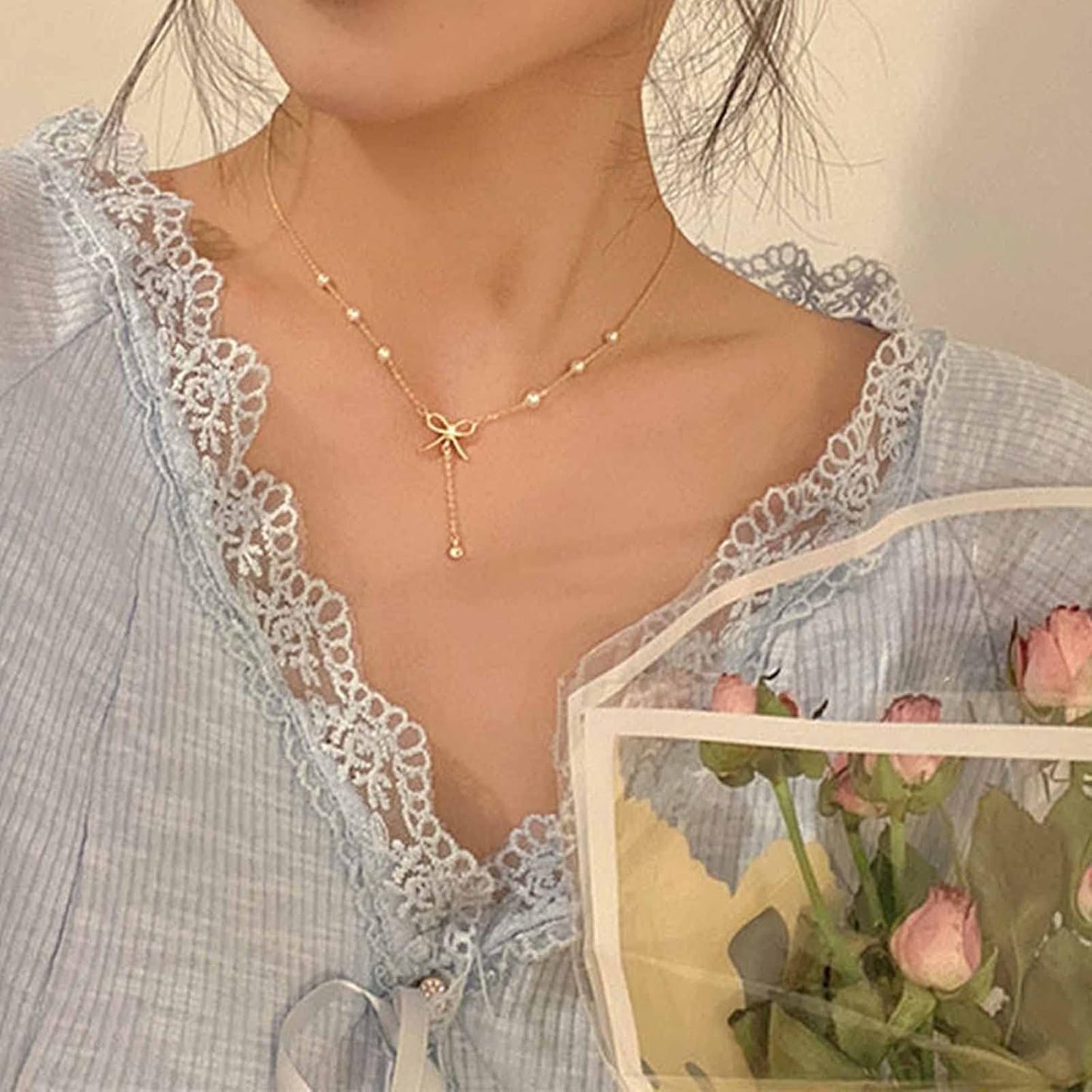 Bohemia Crystal Y Lariat Necklace Chain Pearl Beaded Choker Necklace Bow Knot Necklace Choker Gold Rhinestone Y Drop Necklace Chain Jewelry for Women and Girls