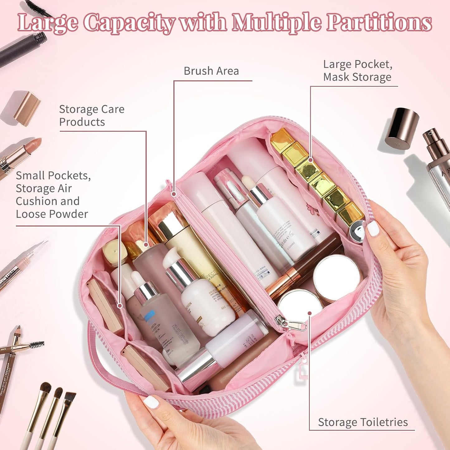 Travel Makeup Bag for Women, 2Pcs Portable Personalized Initial Makeup Organizer Bag, Open Flat Large Cosmetic Bag With Travel Essential Pouch (Pink Letter N)