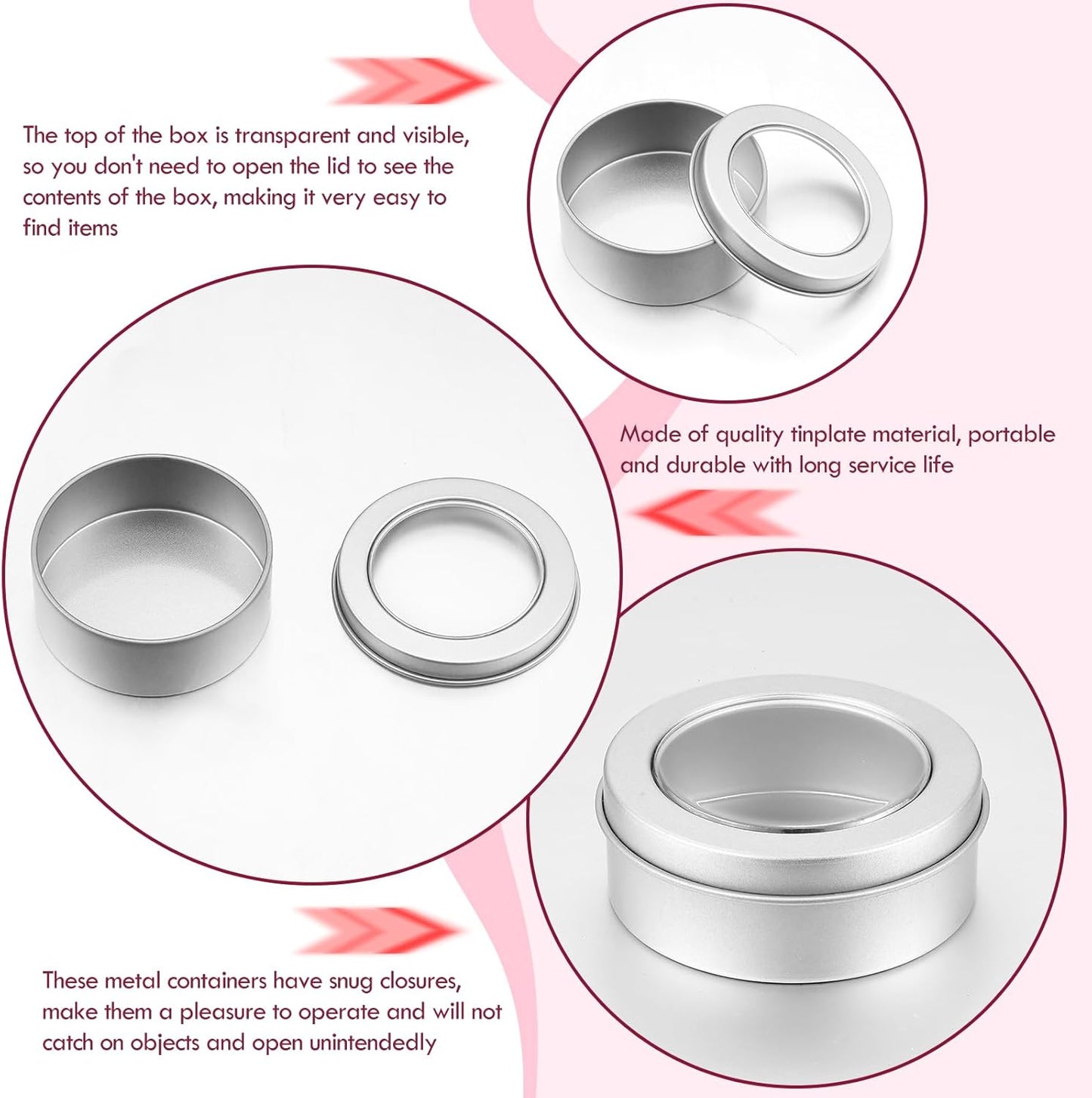 TecUnite 200 Pack 2 Ounce Metal Tin Cans Round Empty Container Salve Tins with Clear Lid for Kitchen, Office, Candles, Candies