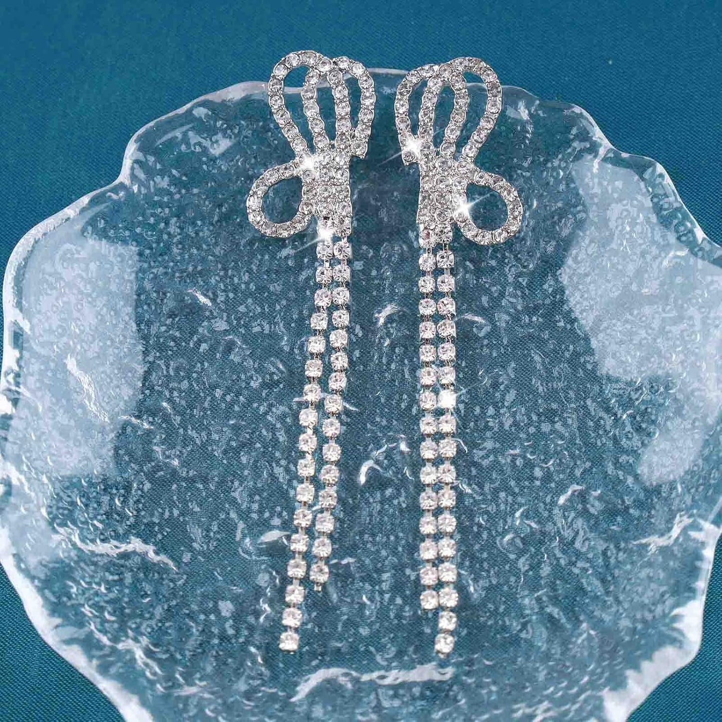 Vintage Crystal Chandelier Drop Earrings Long Rhinestone Chain Earrings Silver Cz Bow Tassel Earrings Sparkly Bridal Tennis Chain Earrings Jewelry for Women