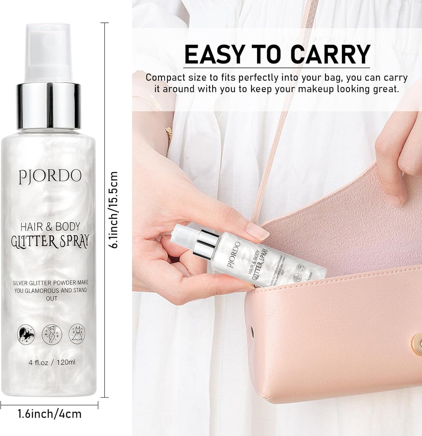 Body Glitter Spray, Silver Glitter Spray for Hair Body and Clothes, Shimmer Spray, Glitter Spray Highlighter Makeup for Festival Rave Stage Concert Party 4FL.OZ