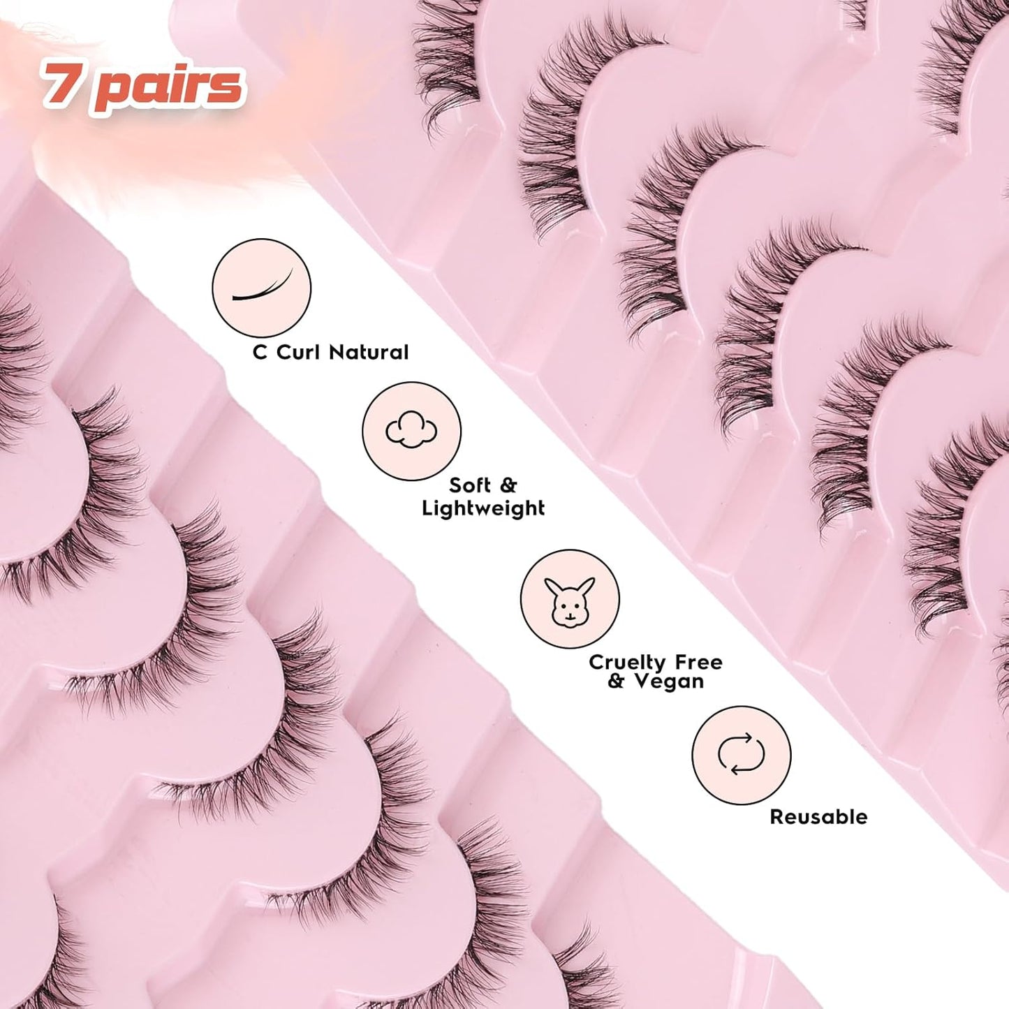 Cat Eyelashes Wispy False Eyelashes Natural 12mm Short Lashes with Thin Band Fake Eyelash 3D Volume Strip Lashes Siligli Eyelash Pack 7 Pair