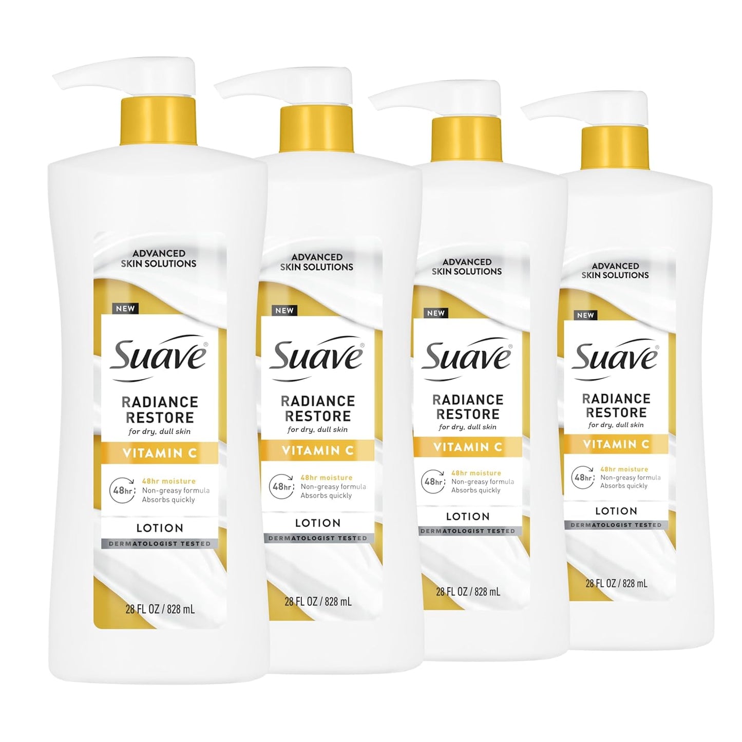 Suave Radiance Restore Hand & Body Lotion For Women With Vitamin C, Brighten & Hydrate Dry, Dull Skin, Non Greasy, Moisturizing Cream Evens Skin Tone, Allergen Free, 28 FL OZ Pump, 4 Pack