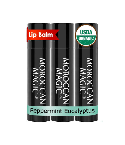 Moroccan Magic Organic Peppermint Eucalyptus Lip Balm 3 Pack | Ultra-Hydrating Argan & Essential Oil Lip Moisturizer + Vitamin E | Natural Mint Chapstick for Dry Lips | Non-Toxic | Organic Lip Balm