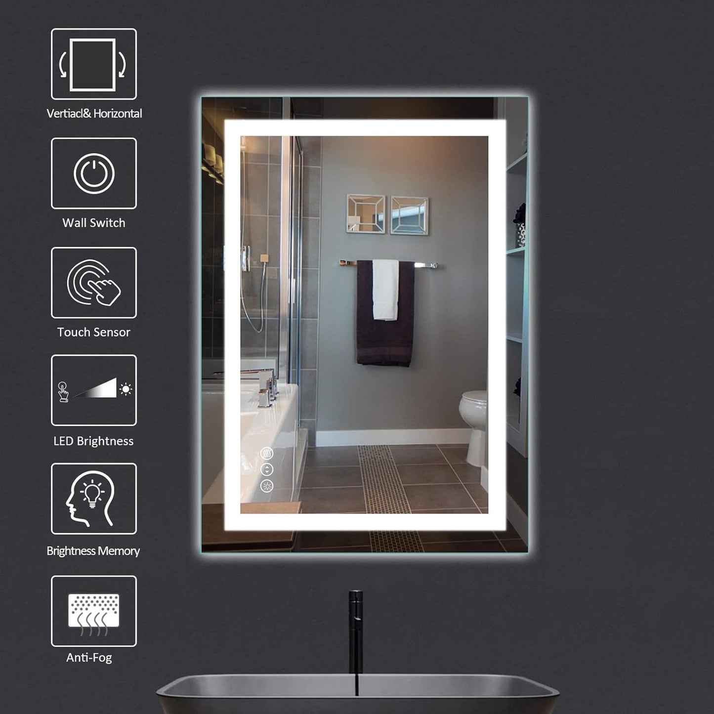 Amorho LED Mirror for Bathroom, 24"X32" with Front and Backlight, Stepless Dimmable Wall Mirrors with Anti-Fog, Shatter-Proof, Memory, 3 Colors, Double LED Vanity Mirror(Horizontal/Vertical)