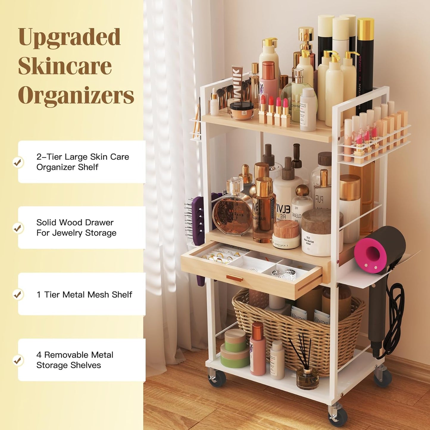 Makeup Organizer Storage Cart, Floor Skincare Organizers, Makeup Stand with Drawers, Vanity Organizer Cosmetics Display Cases Holder for Skin Care Nail Polish Perfume Makeup Brush Hair Tool