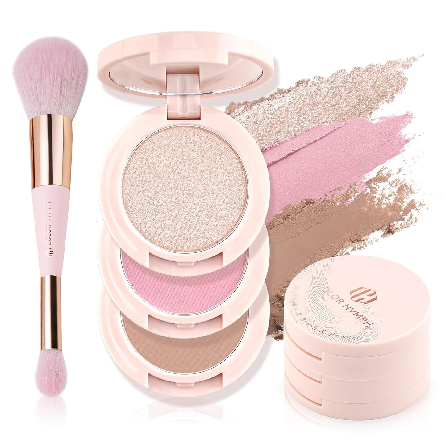 Color Nymph 3 Colors Contour Blush Highlighter Makeup Palette, Travel Size Make up Kit, Blush & Highlighter & Contour Powder Palette, Includes Brush and Mirror, Stacked Makeup Design （Pink）