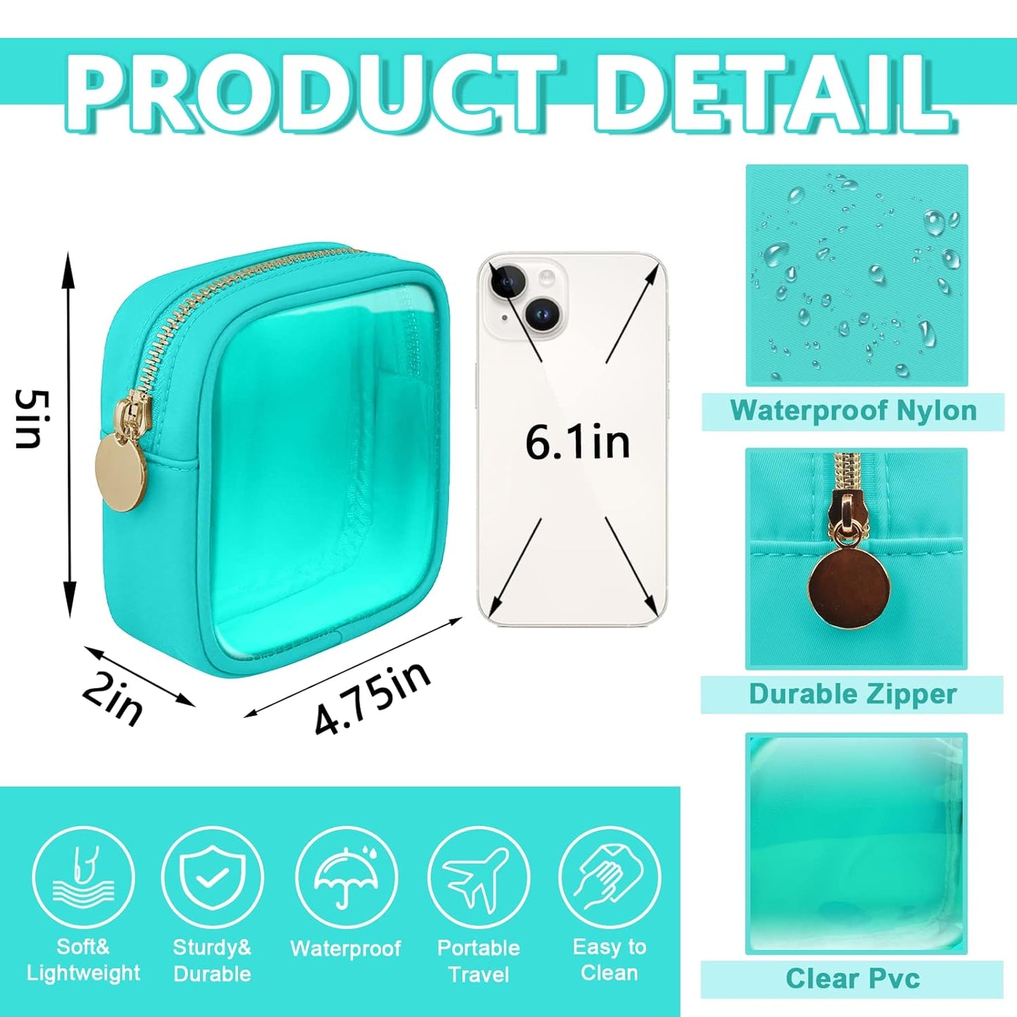 Clear Mini Makeup Bag for Purse, Small Nylon&PVC Cosmetic Travel Bag TSA Approved Toiletry Bag with Zipper, Preppy Transparent Makeup Travel Bag Coin Purse for Women Men Girls(Mini-Mint Green)