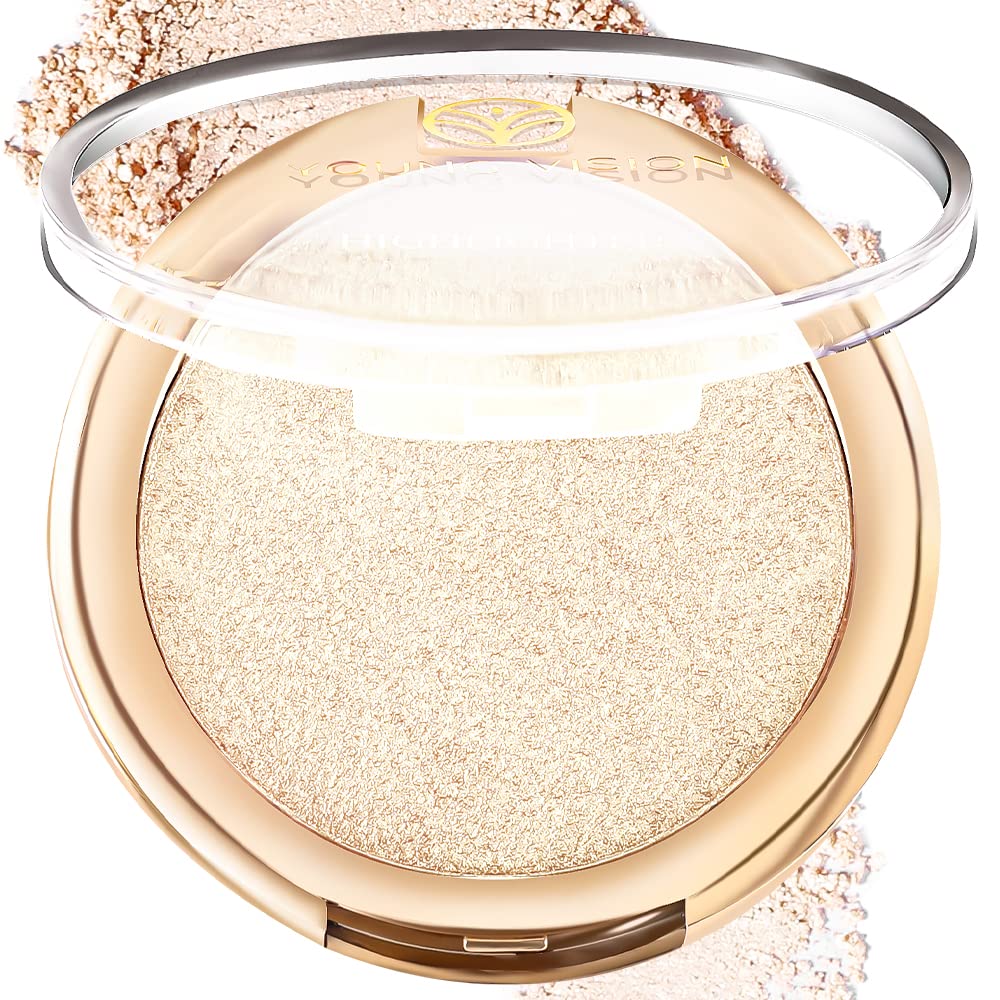 YOUNG VISION Pressed Powder Highlighter, Baked Natural Glow Contour Powder & Face Highligher, Cruelty-Free, Shimmer Highlighting Makeup for Face, Eye, Eyeshadow, Body, Skin (Gold)