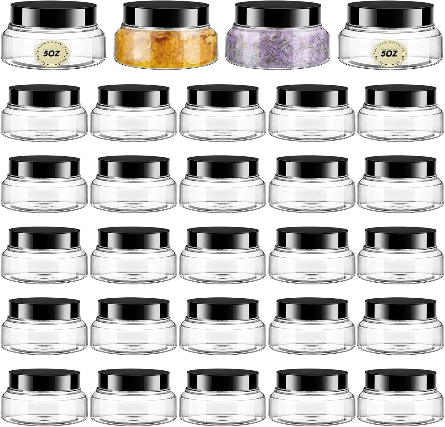 Tessco 24 Pack Plastic Jars with Lids Labels Empty Clear Plastic Jars Round Refillable Cosmetic Containers Body Butter Containers Bulk Sugar Scrub Bottle for Make Up(5 oz,Clear, Black)