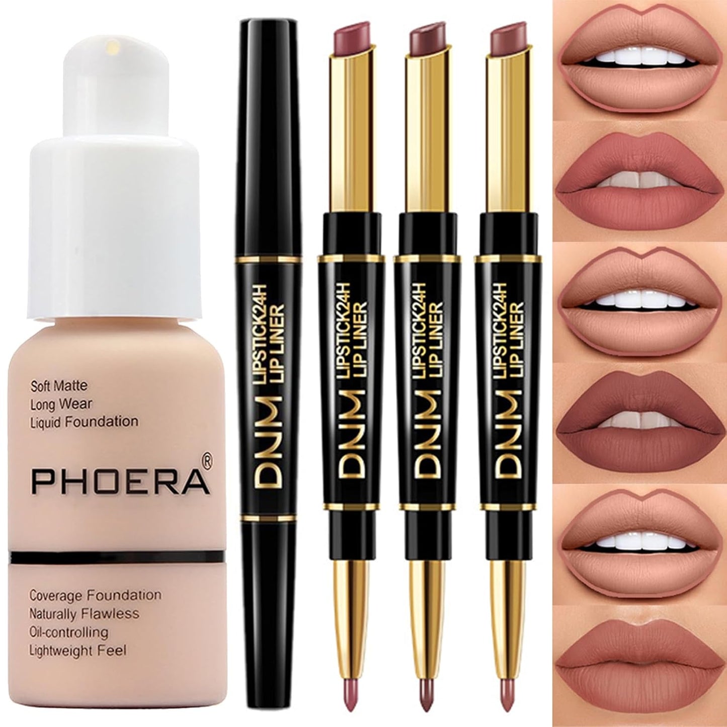 PHOERA Foundation Full Coverage,3Pcs Lip Liner and Lipstick Set Chestnut Nude Brown for Matte Finish, PHOERA Makeup Wrinkles Matte Natural Finish for a Flawless Complexion(101- Porcelain+Lip SetA)