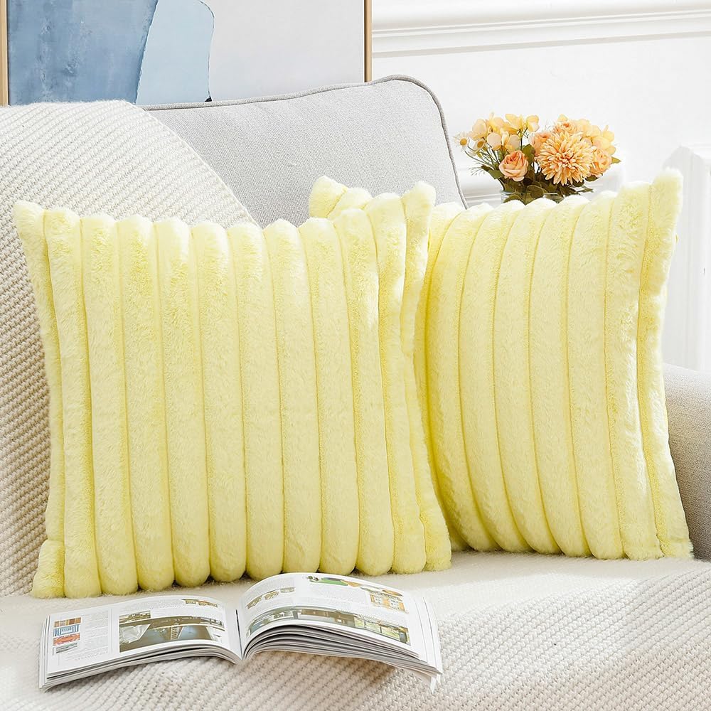 MADIZZ Set of 2 Faux Wool Plush Decorative Throw Pillow Covers 18x18 Inch Yellow Fluffy Striped Soft Decorative Cushion Cover for Sofa Bedroom Pillow Shell