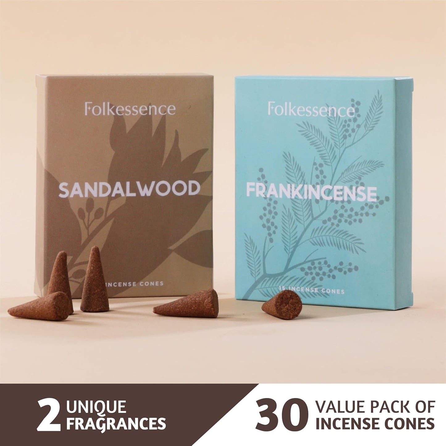 Folkulture Incense Cones Scented, Set of 2 Frankincense & Sandalwood Inscents-Cones (30 Cones), Variety Pack of Insence Cones for Relaxation, Aromatherapy & Air Purification