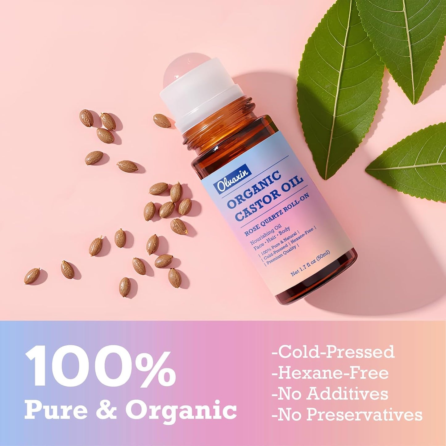 Organic Castor Oil Roll-On with Rose Quartz - 2 Pack x 50mL | Brown Glass Bottle, Cold Pressed, Hexane Free, Unrefined | Nourishing Oil for Face, Hair and Body