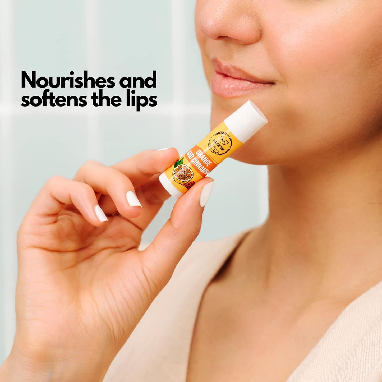 SoapFactory Natural Lip Balm for Dry cracked Lips with Orange and Cinnamon, Vegan, Organic Certified, Lip Care with Carnauba Wax for Women and Men, 0.17 ounce