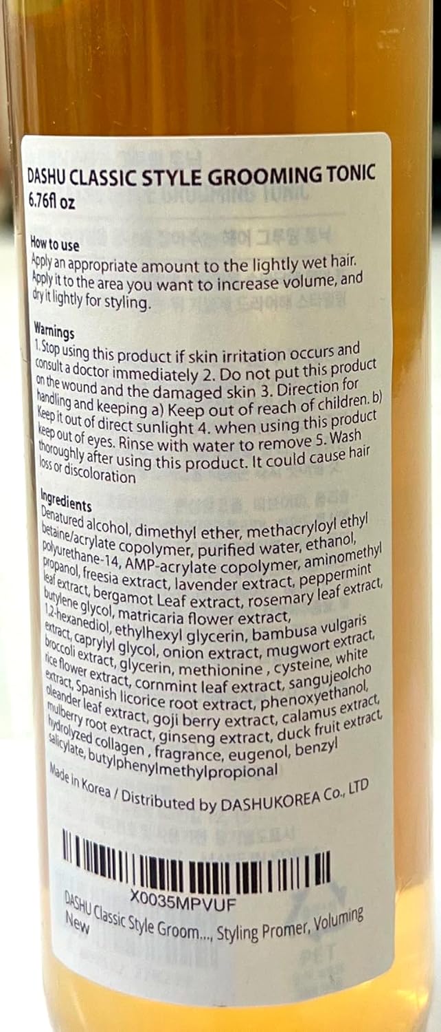 DASHU Classic Style Grooming Tonic - Korean Hair Tonic for Men w/Baobab Seed Oil, Phyto Zein & ABIL ME 45 MB - Lightweight Hair Styling - Volumizing Hair Serum - Scented Hair Scalp Oil (6.76 fl oz)