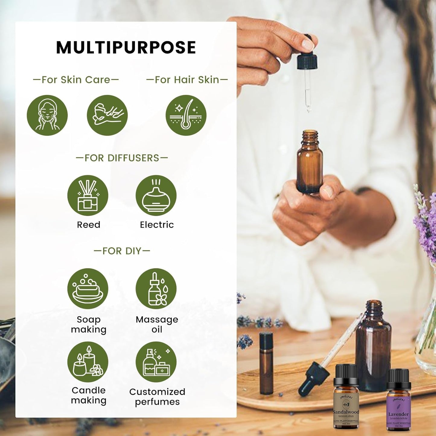 yethious Sandalwood Lavender Essential Oil Set 2 Pack 100% Pure Organic Sandalwood Essential Oil Undiluted Lavender Aromatherapy Oils for Diffuser, Perfume, Soap, Candle Making 2 x 10ML