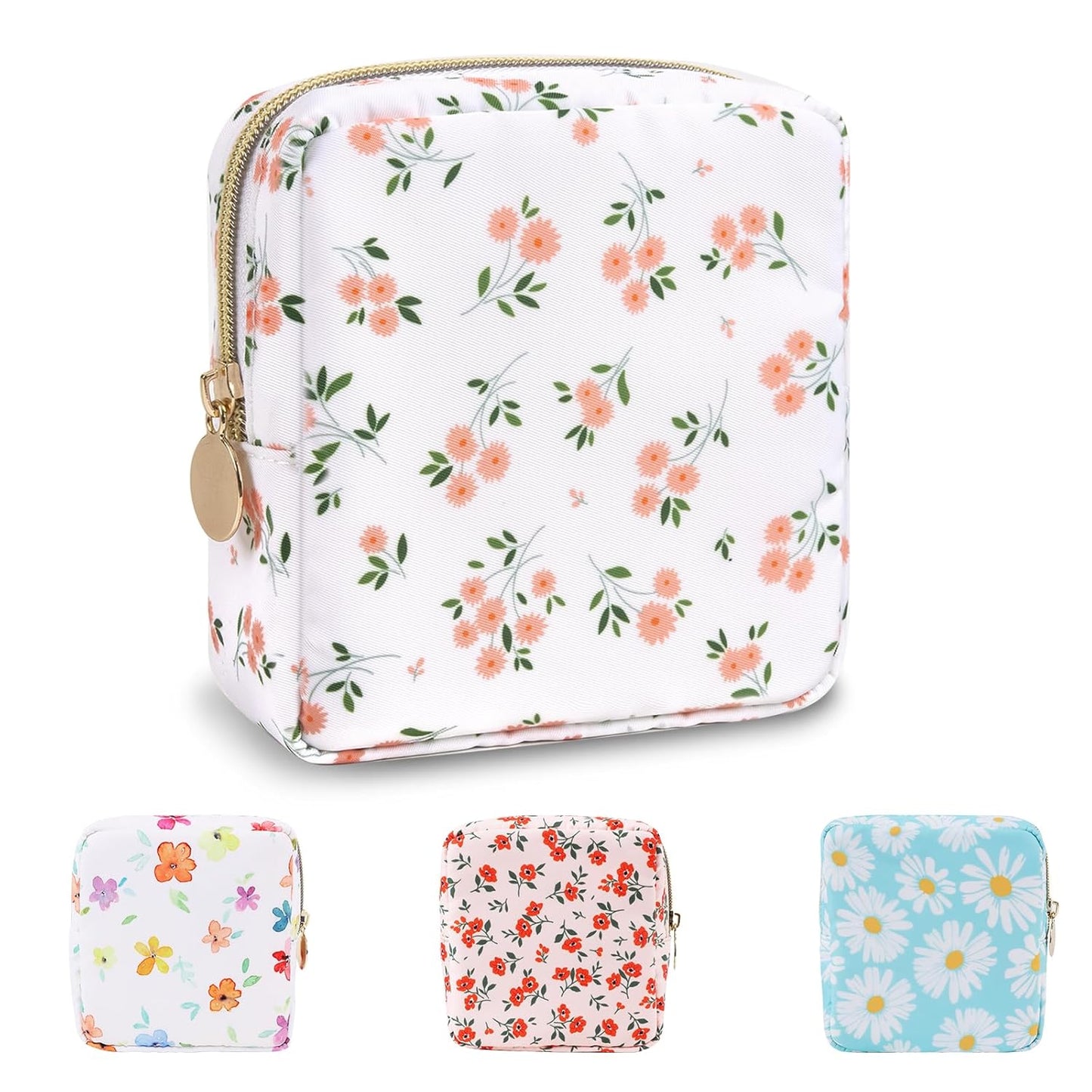 Waterproof Mini Floral Makeup Bag Pouch for Purse,Nylon Flower Cosmetic Travel Bag Small Preppy Toiletry Organizers Bag for Women Girl,Cute Zipper Pouch Coin Purse for Work(Mini White-Flowers)
