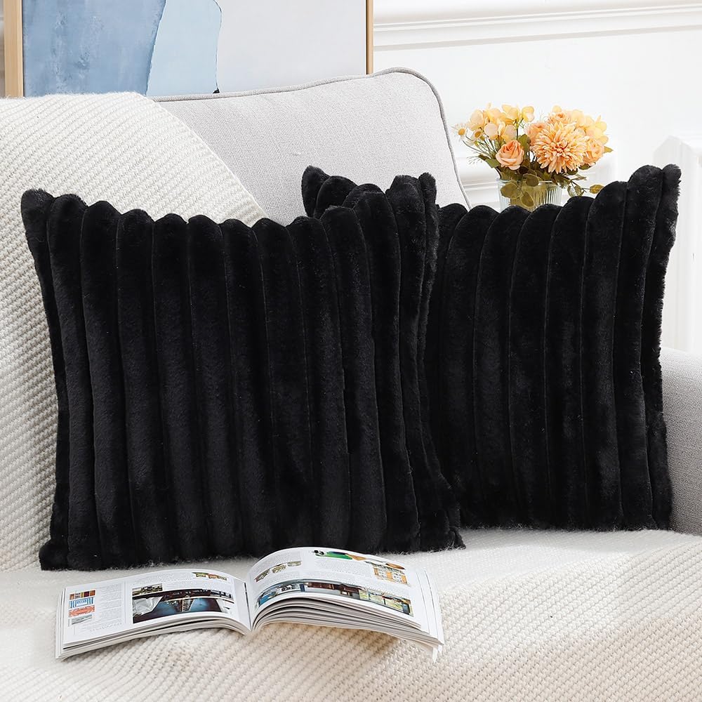 MADIZZ Set of 2 Faux Wool Plush Decorative Throw Pillow Covers 24x24 Inch Black Fluffy Striped Soft Decorative Cushion Cover for Sofa Bedroom Pillow Shell