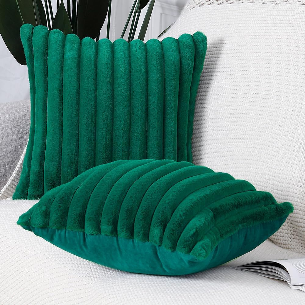 MADIZZ Set of 2 Faux Wool Plush Decorative Throw Pillow Covers 20x20 Inch Green Fluffy Striped Soft Decorative Cushion Cover for Sofa Bedroom Pillow Shell