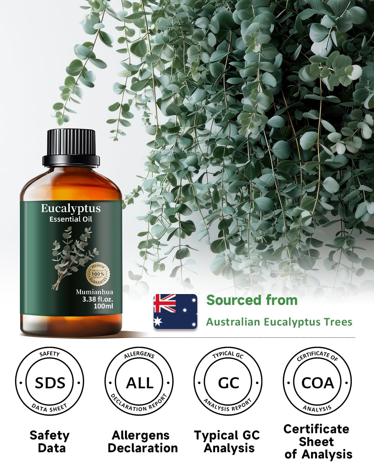 Eucalyptus Essential Oil Pure Mumianhua Natural Eucalyptus Oil for Diffuser, Face, Skin Care, Aromatherapy, Hair Care, Scalp and Body Massage,Spray Candle Making 3.38 Fl Oz
