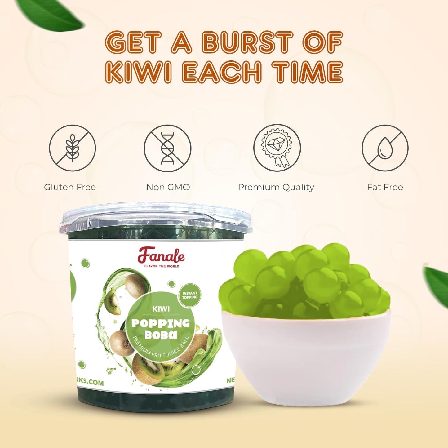 Fanale Kiwi Popping Boba Pearls, Vegan, Non GMO, Gluten Free, Fat Free, Perfect for Bubble Tea, Smoothies, Ice Cream, Desserts, and Beverages.
